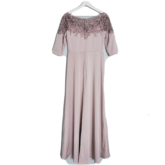 NEW La Femme Embroidered Illusion Neck Gown Silver - Picture 4 of 5